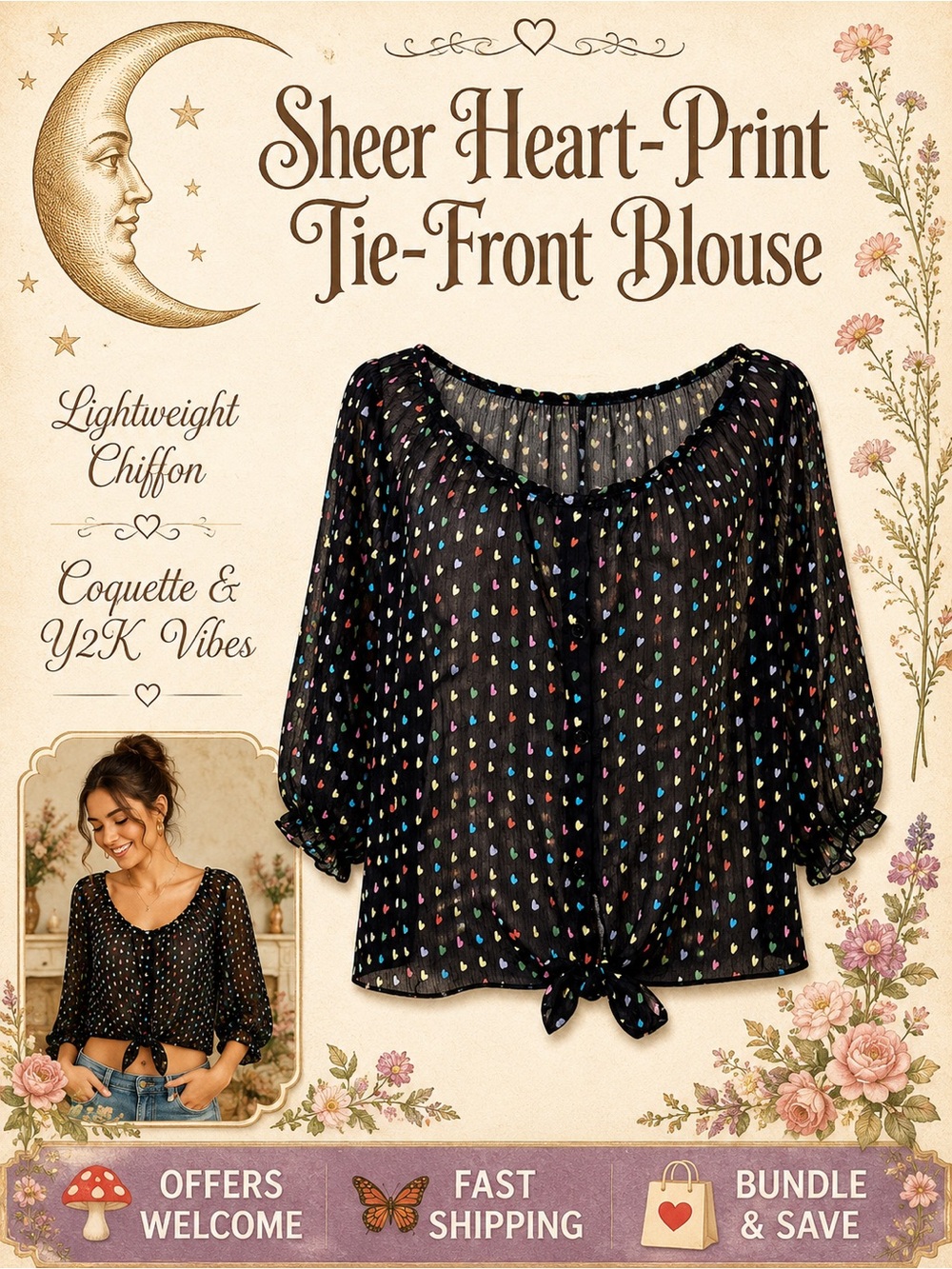 Julie’s Closet Sheer Heart‑Print Blouse Tie‑Front L/XL Fit Romantic Y2K